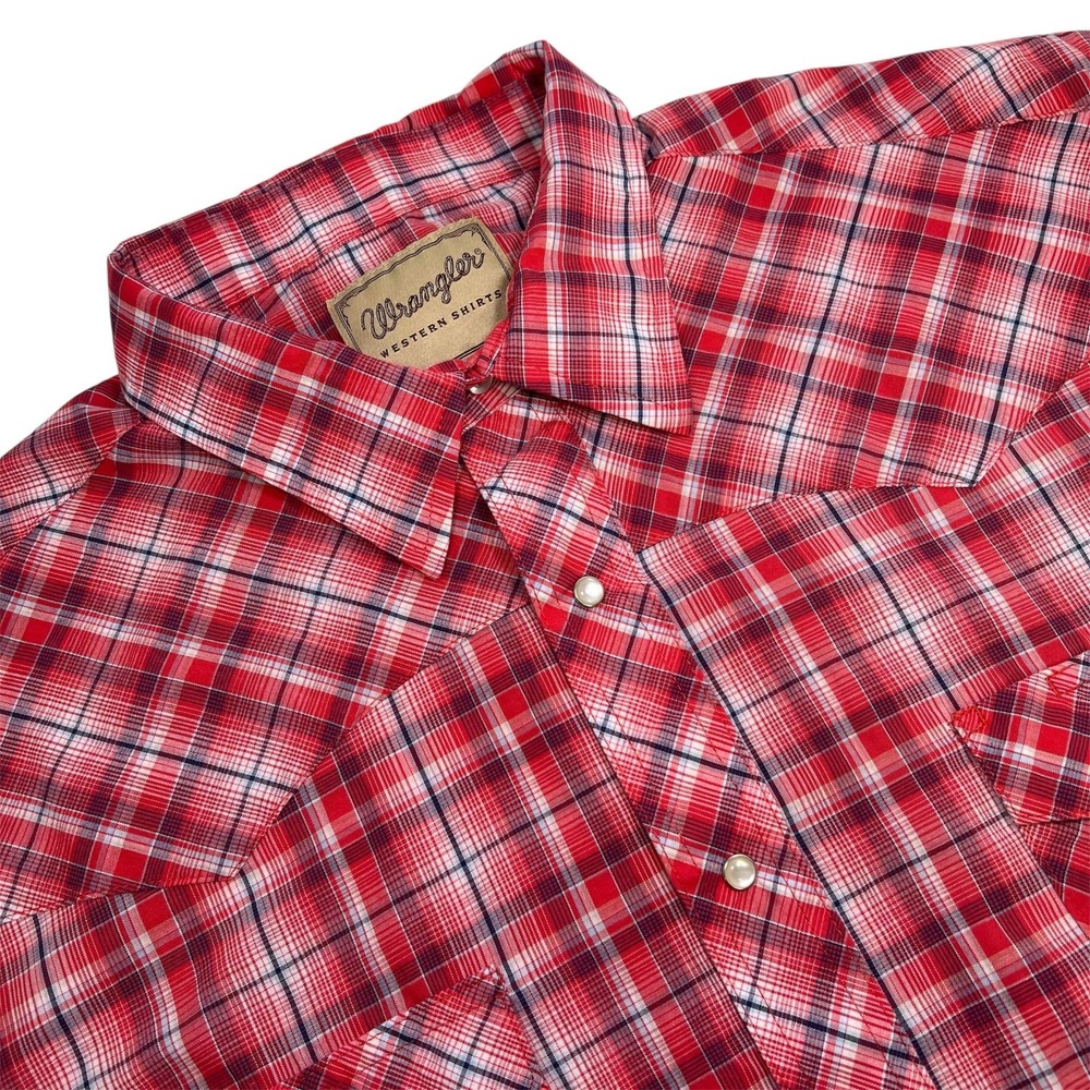 WRANGLER Red Plaid Button Up Shirt Mens Size 2XL Collar Short Sleeve Pearl Snaps